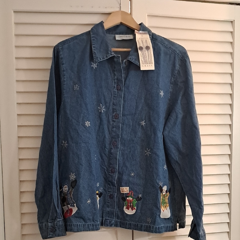 NWT Lemon GRASS Denim Shirt with Snowman Embroidery